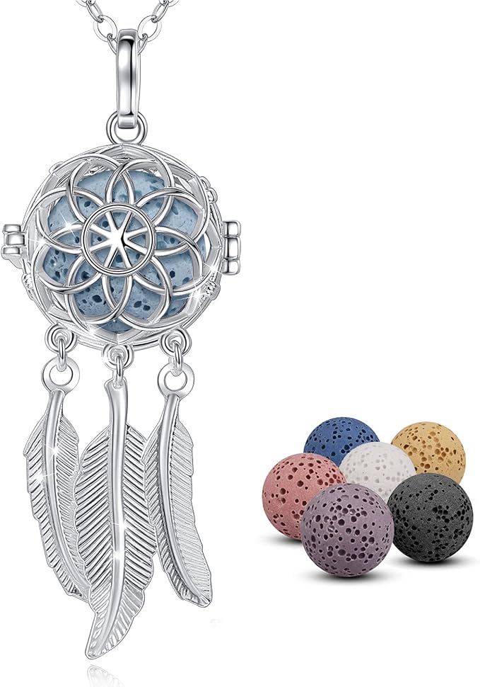 INFUSEU Dreamcatcher Necklace Aromatherapy Gifts Essential Oil Diffuser Lava Rock Stone Pendant Native American Indian Jewelry for Women Dream Catcher Feather Spiritual Meditation Items