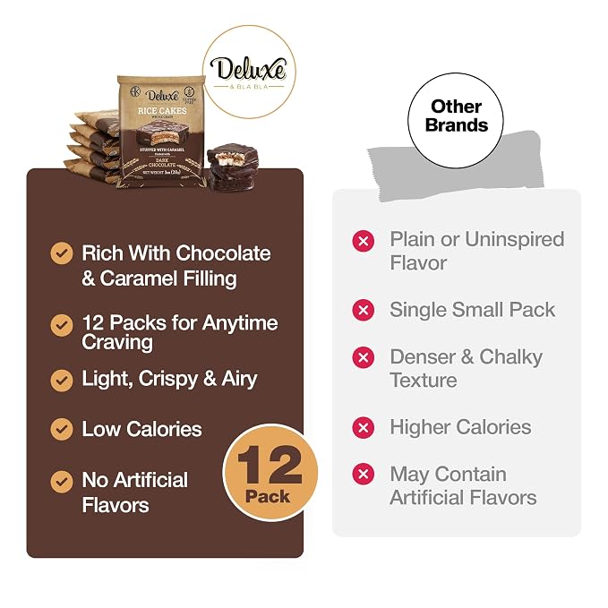 Deluxe & Bla Bla Stuffed Rice Cakes - Whole Grain Chocolate Rice Cake,Gluten Free,Low Calorie,(Alfajor) Kosher Certified - Caramel Filled Rice Cakes coated with Dark Chocolate, 28g Each (12 Pack)