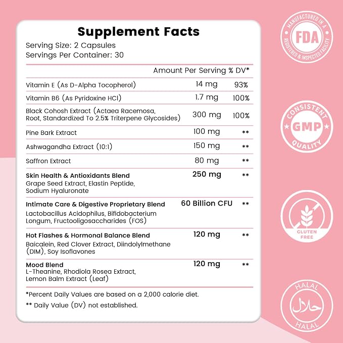 Menopause Supplement for Women: Hormone-Free Probiotic with Black Cohosh & Ashwagandha Support for Hot Flashes Mood Balance & Skin Health 60 Capsules