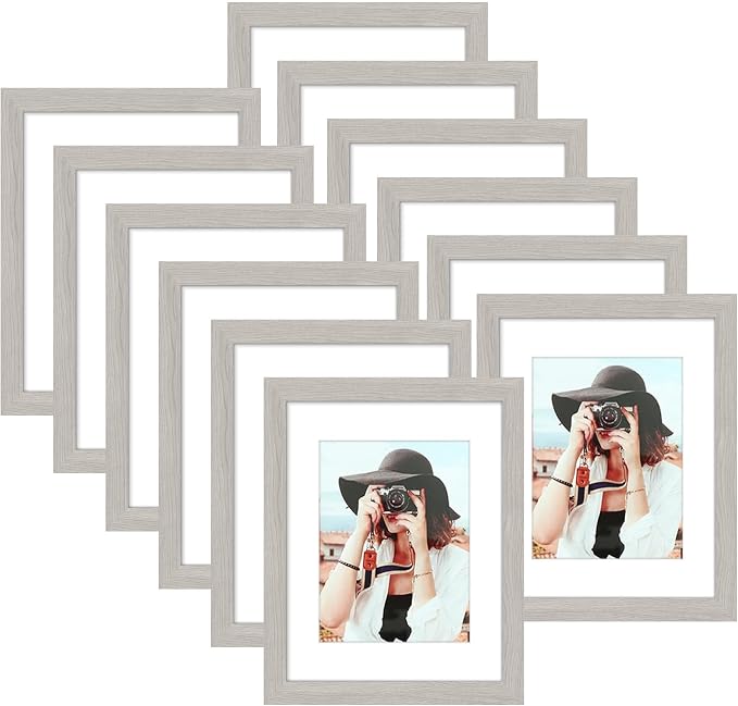 Picrit 8.5x11 Picture Frame Set of 12, Display 6x8 with Mat or 8.5 x 11 without Mat, Photo Frames for Wall Mounting or Table Top Display, Gray