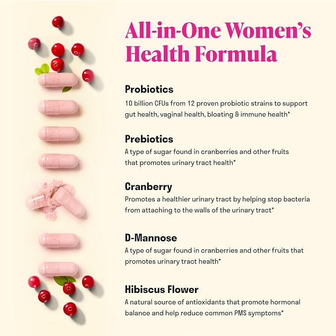 3-in-1 Womens Probiotic - 60 Servings - 12 Unique Strains, Prebiotics, D-Mannose, & Cranberry for Digestive Health, Vaginal Health & Immune Support - Prebiotics and Probiotics for Women | pH Balance