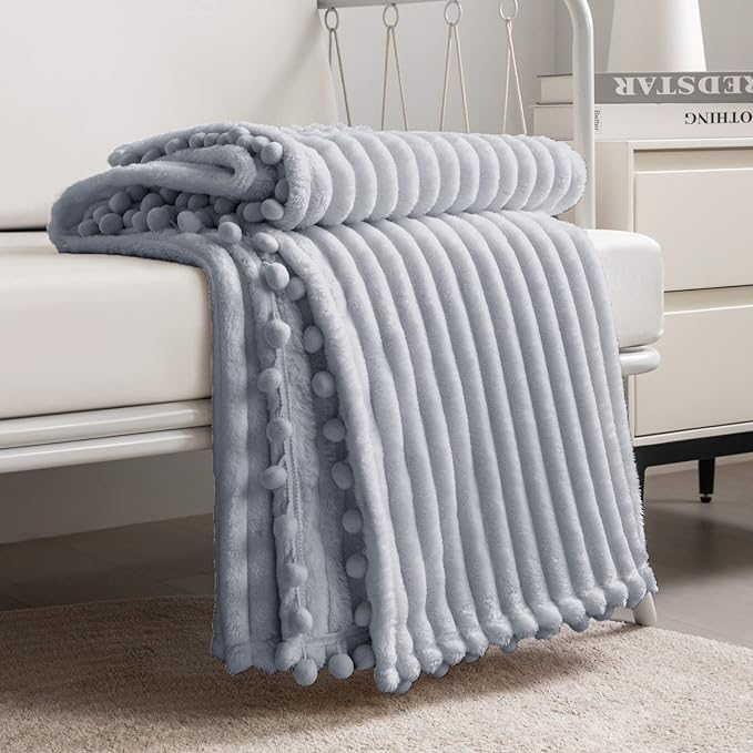 DISSA Fleece Blanket Queen Size – 71x80, Grey – Soft, Plush, Fluffy, Fuzzy, Warm, Cozy – Perfect Throw for Couch, Bed, Sofa - with Pompom Fringe - Flannel Blanket