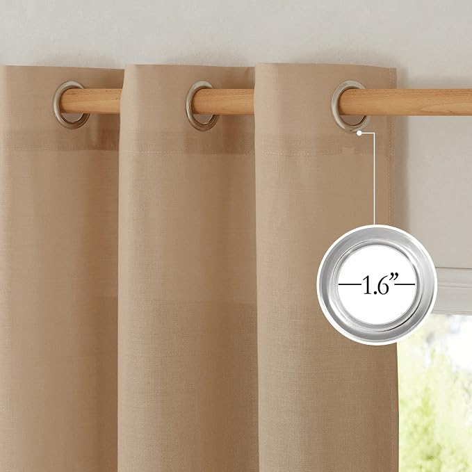 NICETOWN Linen Curtains 96 inches Long for Living Room, Grommet Semi Sheer Drapes Linen Weave Window Treatments Privacy Added with Light Filtering for Bedroom, Camel, W34 x L96, 2 Panels
