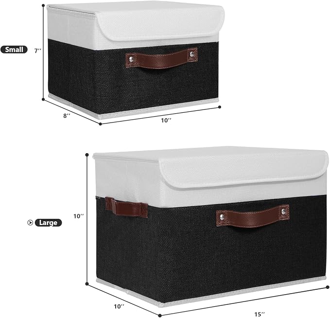 ANMINY Fabric Storage Box Bins with Lids, Black White, 15"x10"x10" | Keepsake Memory Storage, Cotton Linen, PP Board Reinforced, Washable, PU Handles, Foldable & Stackable, Decorative, Large