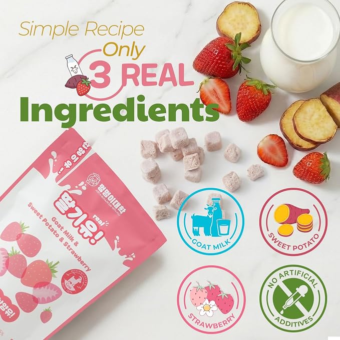 Freeze-Dried Goat Milk Dog Treats with Sweet Potato & Strawberry, Limited Ingredient Freeze Dried Sweet Potato Snack & Food Topper for Dogs and Cats – Natural, Easy to Digest, 1.76 oz