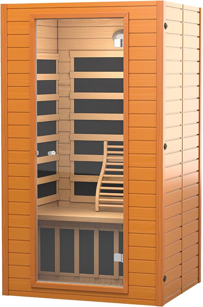 Real Relax Infrared Sauna for Home, Home Infrared Saunas up to 1-2 Persons, Canadian Hemlock Wooden Indoor Dry Sauna Room with Low Emf Red Light Therapy, 9-Color Chromotherapy Lights