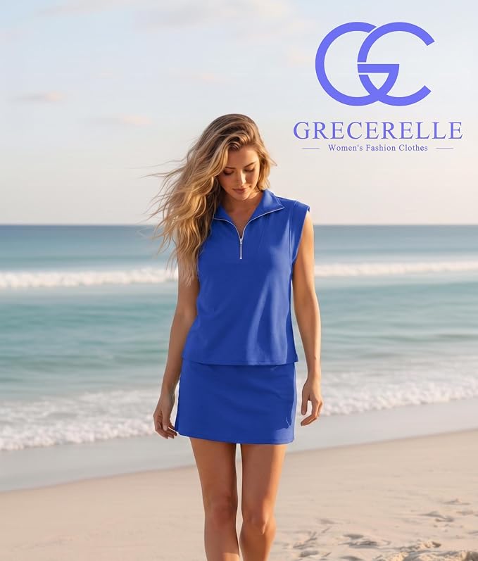 GRECERELLE Women's 2026 Summer 2 Piece Skort Sets Cap Sleeve Zip Collared Top Matching Tennis Skirt with Pockets for Athletic