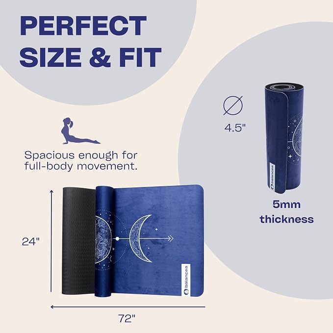 Yoga Mat With Strap 5mm Non Slip Suede & TPE - Eco-Friendly Fitness & Exercise Mat for Home Gym, Pilates, Hot Yoga, and Meditation - Lightweight Durable 72 x 24 inch Workout Mat for Women, Men