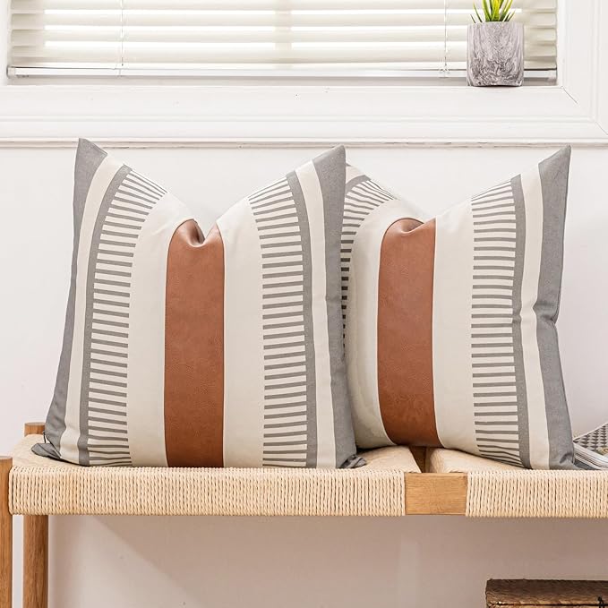 2 Pack 18x18 Inch Pillow Covers - Brown Faux Leather & Gray Stripe Print Soft Cotton Splicing, Same Pattern Both Sides | for Sofa Couch Bed Living Room, Farmhouse Industrial Minimalist Decor