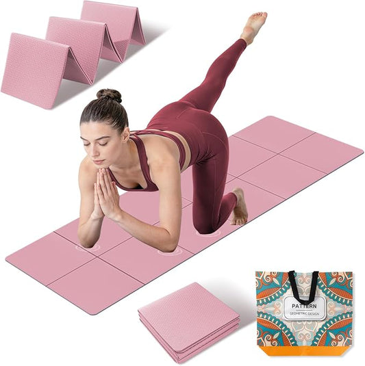 Foldable Yoga Mat Thick Non-Slip Exercise Mat - Packable Travel Fitness Mat with Carrying Bag for Yoga, Pilates, Workout, Home & Gym