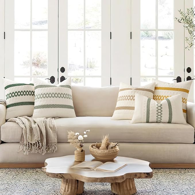 MIULEE Set of 2 Sage Green Boho Decorative Pillow Covers 18x18 Inch | Farmhouse Couch Throw Pillows, Modern Cotton Cushion Covers, Macrame Woven Spring Home Decor for Bed Sofa Chair