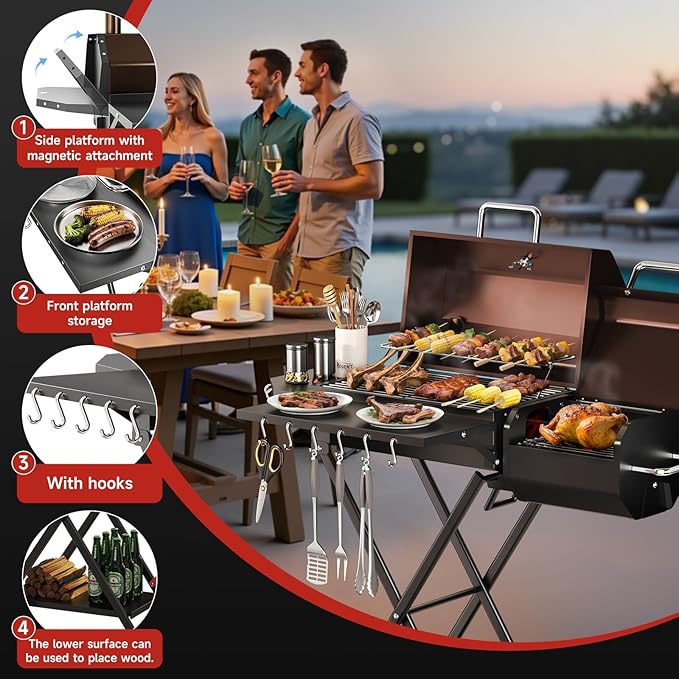 Portable Charcoal Grill with Smoking Function, Foldable Suitcase Design with Wheels, Multi-Tier Storage Rack & Waterproof Cover for Outdoor BBQ Parties (Khaki)