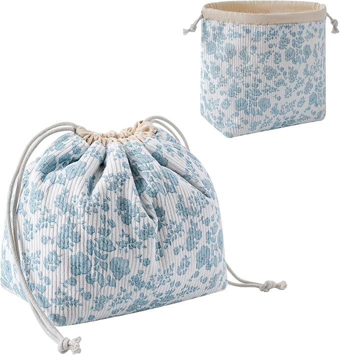RSRSLEII Aesthetic Corduroy Drawstring Makeup Bag, Cute Coquette Drawstring Cosmetic Bag with Canvas Lining, Blue Flower Pattern Travel Makeup Organizer Case for Women Girls (07 LightBlue Flower)