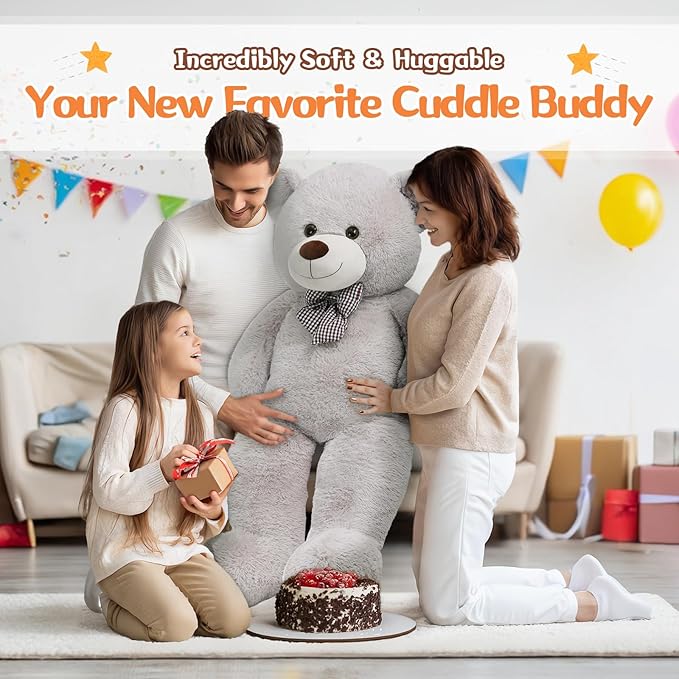 MorisMos Bow Tie Giant Teddy Bear 4 Feet, 47inch Stuffed Animal Big Large Teddy Bear Plush, Classic Girlfriend Boyfriend Gift, Gray