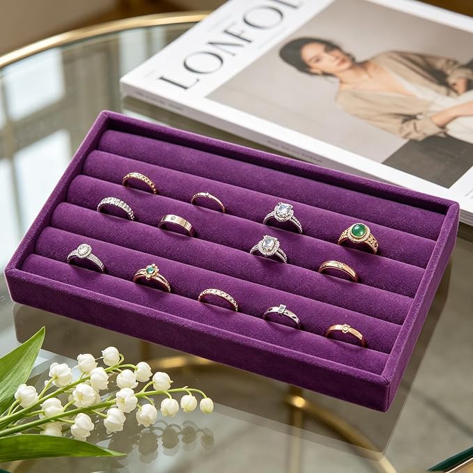 Velvet Jewelry Trays for Drawers, Purple Stackable, 8 Rolls | Stackable Jewelry Drawer Organizer Inserts, Ring Earring Necklace Bracelet Holder Organizer Storage Display Tray