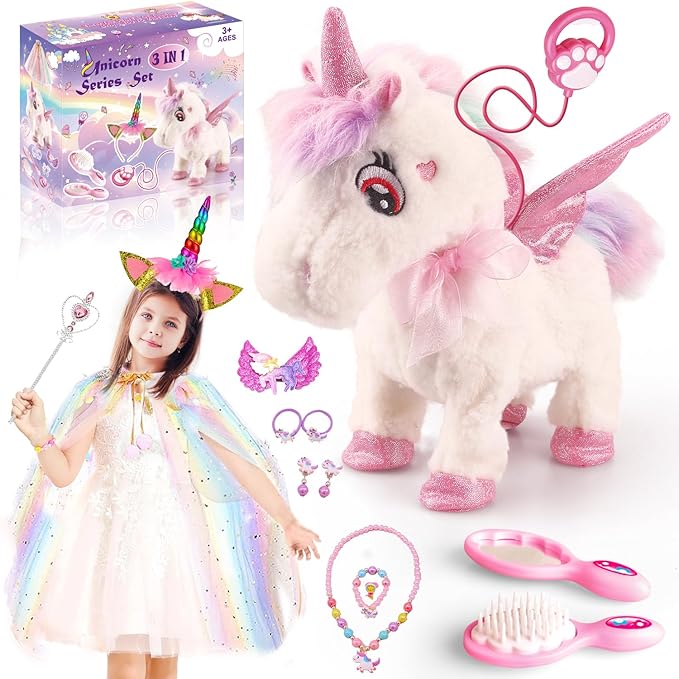 Dollox Electronic Unicorn Pets Toys for Girls Age 3-6, Interactive Walking Talking Plush Horse with Remote Control, Toddler Unicorn Pretend Play Toy with Dress-Up Jewelry Set Kid Birthday Gift