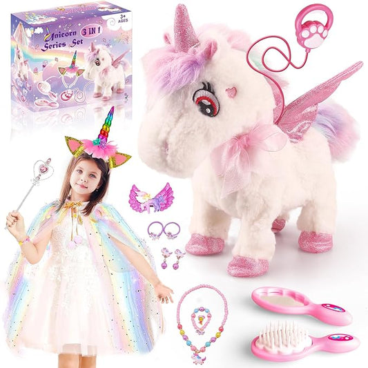 Dollox Electronic Unicorn Pets Toys for Girls Age 3-6, Interactive Walking Talking Plush Horse with Remote Control, Toddler Unicorn Pretend Play Toy with Dress-Up Jewelry Set Kid Birthday Gift