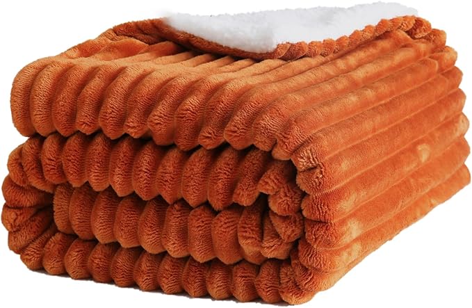 Burnt Orange Sherpa Fleece Throw Blanket 90”×90”for Couch Sofa Bed | Double Side Soft Fuzzy Cozy Plush Thick Flannel Blanket with Striped Design Gift for Adults,Woman