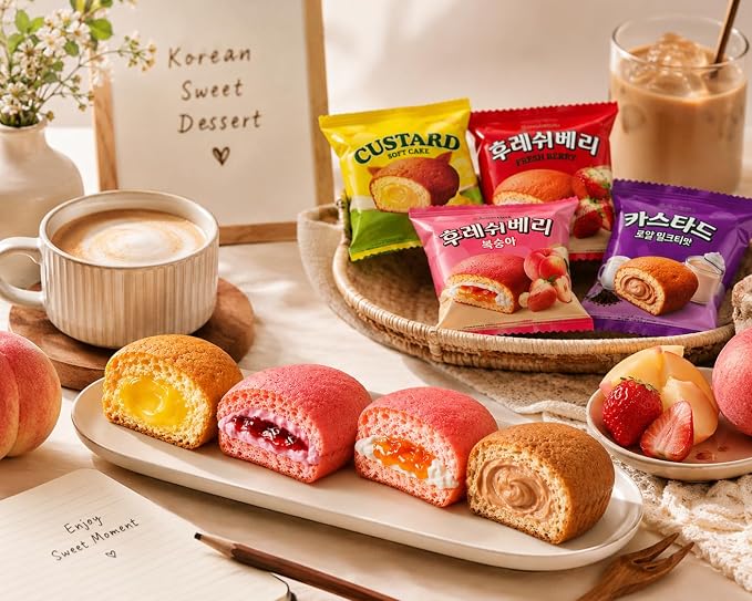 Orion Korean Sweet Dessert Variety Pack, Custard Soft Cake Assortment, Individually Wrapped Korean Snacks, Custard, Strawberry, Peach & Royal Milk Tea Flavors, 12 Packs Total, 0.88 oz Each