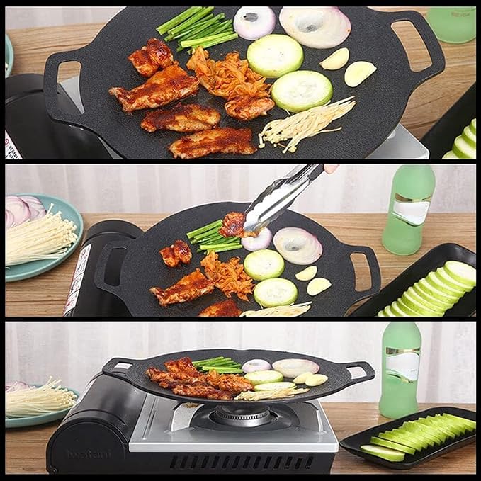 Multi-Function Medical Stone Grill Pan Non-Stick Pan,Non-Stick Coating Frying Pan,Round BBQ Griddle with Handle,Multifunctional Stove Plate for Meats,Pancakes,Ribs (15in)