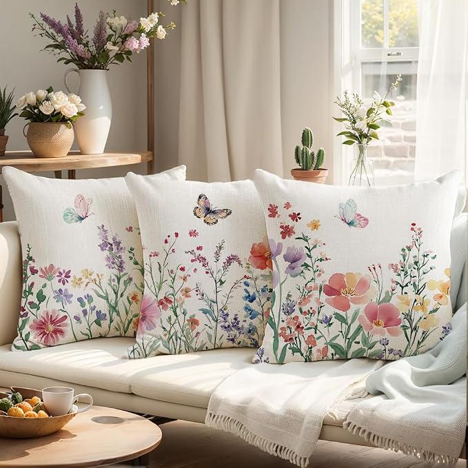 wyooxoo Spring Pillow Covers 20x20 Set of 4 Summer Farmhouse Throw Pillow Covers Floral Butterfly Decorative Cushion Cases for Sofa Couch Patio Bedroom