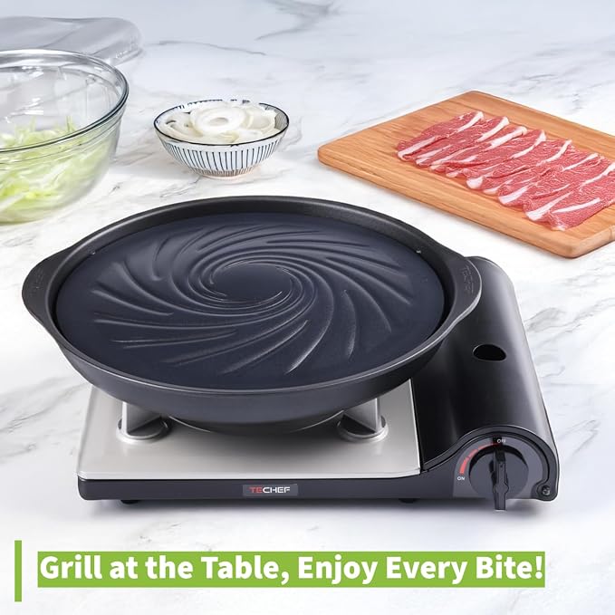 TECHEF - TRUE GRILL PAN - Stovetop Nonstick Indoor/Outdoor Smokeless BBQ Grill Set, including a Grill Plate and Alumium Drip Tray (Dome)