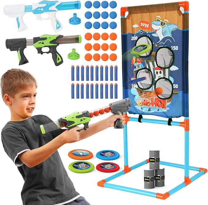 Shooting Games Toy for Age 5 6 7 8 9 10+ Boys Kids Sports & Outdoor Play Toys with Player Air Guns, Shooting Target, 24 Foam Balls, Foam Darts, Oil-Tank Targets, Flying Discs Gifts for Boys
