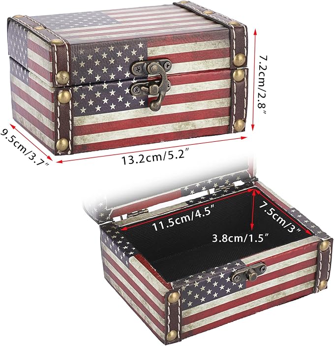 Hipiwe American Flag Treasure Chest Box Wooden + PU Leather Jewelry Boxes | Vintage Decorative Jewelry Trinket Box Memento Box Small Keepsake Boxes Gifts