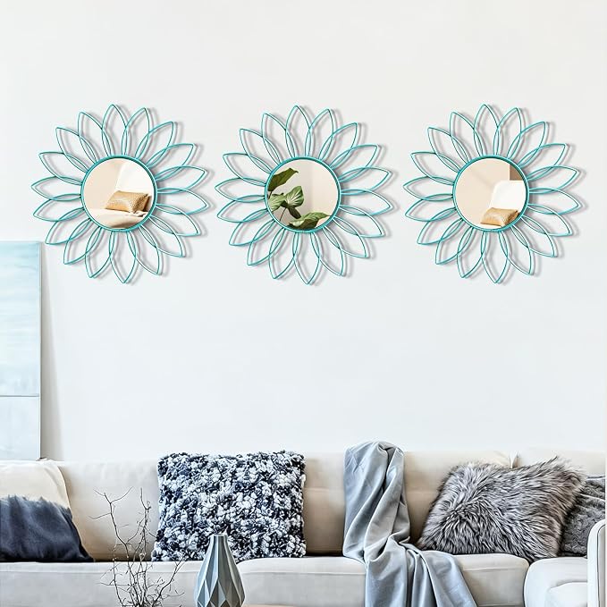 3 Pack Metal Mirrors for Wall Sunburst Wall Mirrors Home Décor Decorative Hanging Wall Art for Living Room Bedroom Entryway (Greenish Blue, Flowers)