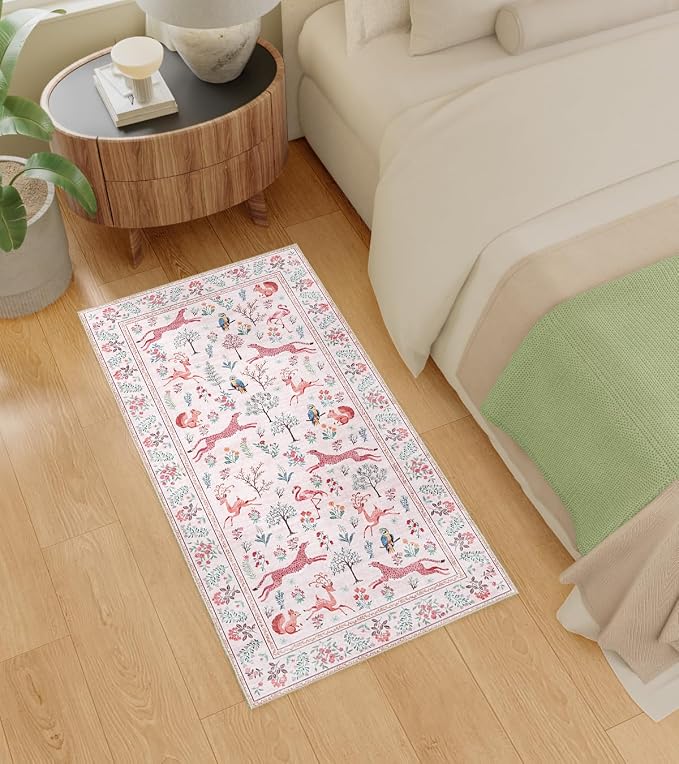 DUKINO 2x4 Rug for Entryway, Animal Washable Runner Rug for Kitchen, Pink | Non Slip, Low Pile, Stain Resistant Thin Indoor Carpet for Hallway, Bedroom, Bathroom, Laundry, Pet Friendly, Non-Shedding