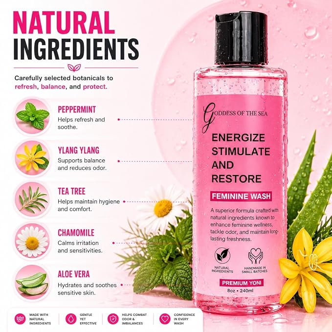 Premium Yoni Feminine Wash – pH Balance Minty Feminine Wash – Natural Ingredients Feminine Care Daily Wash Great for Odor, Discharge, Dryness, BV – 8oz Bottle