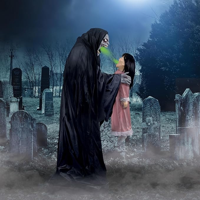 Haunted Hill Farm Soul Sucker Demon Reaper with Child by Tekky, Motion-Activated Talking Halloween Animatronic for Creepy Indoor or Covered Outdoor Halloween Decorations, Plug-in or Battery Operated