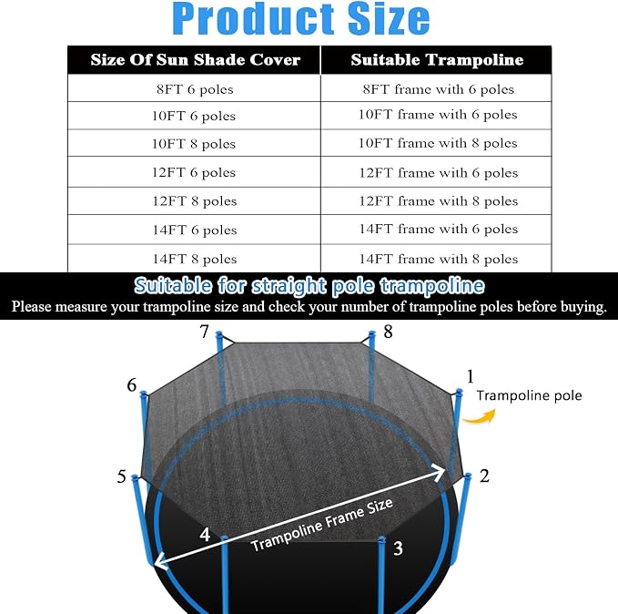Trampoline Shade Cover, Trampoline Cover for 8FT 10FT 12FT 14FT 16FT Straight Pole Round Trampoline Sun Protection, Easy to Install,for Backyard Playground (10FT 8 Poles)
