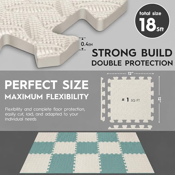 18pcs Puzzle Exercise Mat, 12.6"x12.6"x0.4", 18sqft EVA Interlocking Foam Floor Tiles, Protective, Water-Resistant Flooring for Home Gym & Workout Equipment