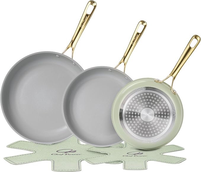Chef Power Ceramic Frying Pan with Stainless Steel handle 5Pcs Set, Non Stick Grill Pan Set, Dishwasher and Oven Safe, Sage Green and Granite Grey