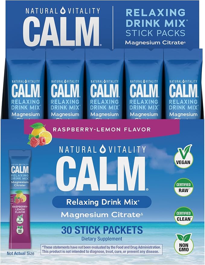 Natural Vitality Calm, Magnesium Citrate Supplement, Anti-Stress Drink Mix Powder - Gluten Free, Vegan, & Non-GMO, Raspberry Lemon, 0.12 oz, 30 Packets