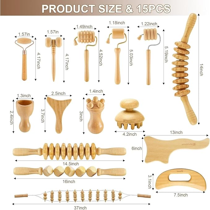 15Pcs Wood Therapy Massage Tools Set for Body Sculpting, Wooden Rollers, Gua Sha & Facial Rollers for Lymphatic Drainage, Home Spa Routines, Face, Neck, Waist, Abdomen, Hips and Legs