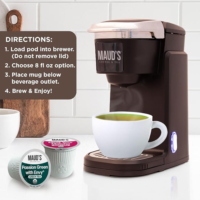 Maud's Organic Passion Green Tea Pods & Organic Matcha Green Tea Bundle, 48 ct, Single Serve Tea Pods – 100% Gourmet Blended Tea Leaves, Compatible with Keurig K Cups Maker