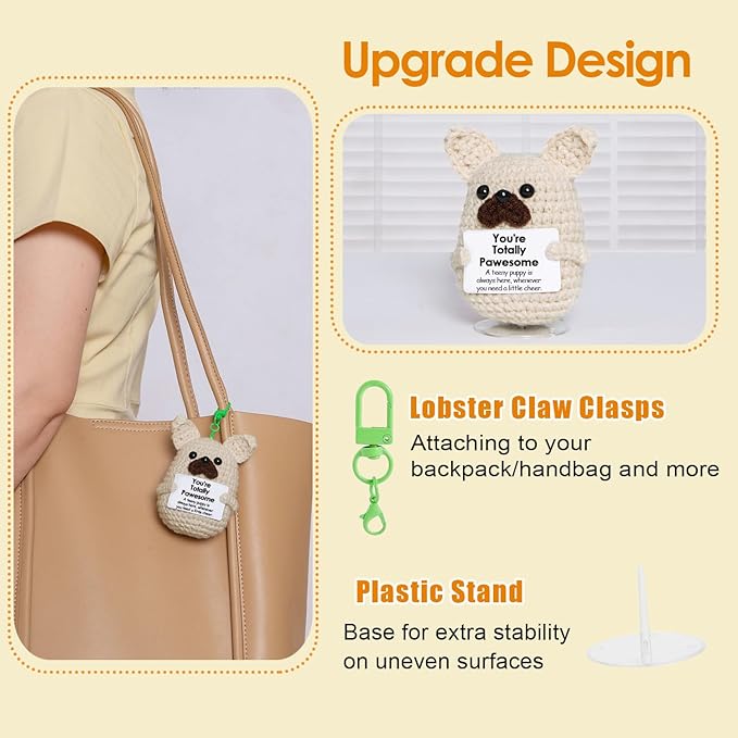 Positive Crochet Animal Dog Gifts for Women Men,Funny Emotional Support Crochet French Bulldog Cheer Up for Dog Lover Coworker Friend,Handmade Cute Frenchie Desk Decor with Gift Box
