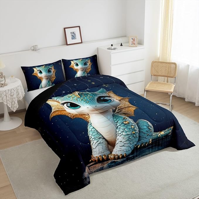 Feelyou Dragon Comforter Set Toddler Size Dragon Stuff Comforter for Boys Girls Teens Wild Life Bedding Set Dragon Decor Duvet Set Room Decor Navy Blue Quilt Set
