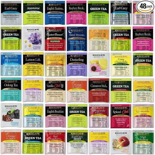 Bigelow Tea Sampler Assortment Variety Pack 48 Count + 20 Honey Sticks - 24 Flavors - Perfect For Tea Lovers