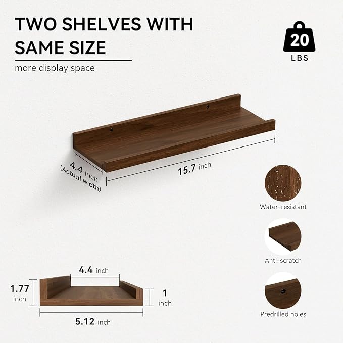 Boswillon Floating Shelves Set of 2, Small Wall Shelf with Lip, 16in, Walnu | Display Ledge Shelf for Room Wall, Wall Decor Shelves for Bathroom, Living Room, Bedroom, Kitchen, Nursery Room, Rustic, Wood