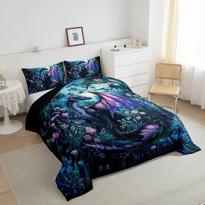 Feelyou Dragon Comforter Set Toddler Size Dragon Stuff Comforter for Boys Girls Teens Wild Life Bedding Set Jungle Dragon Duvet Set Room Decor Balck Blue Quilt Set