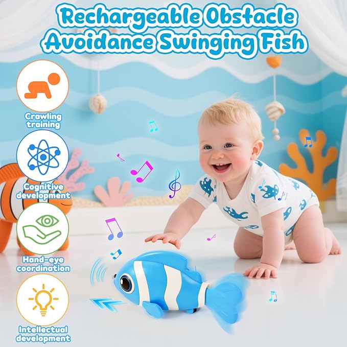 Crawling Fish Baby Toys, Novelty Tummy Time Toys for Babies 6-12 Months, Magic Swinging Fish Music Crawling Toys for Infant Toddler 12-18 Learning Crawl Walking Dancing 1st Valentines Days Gift