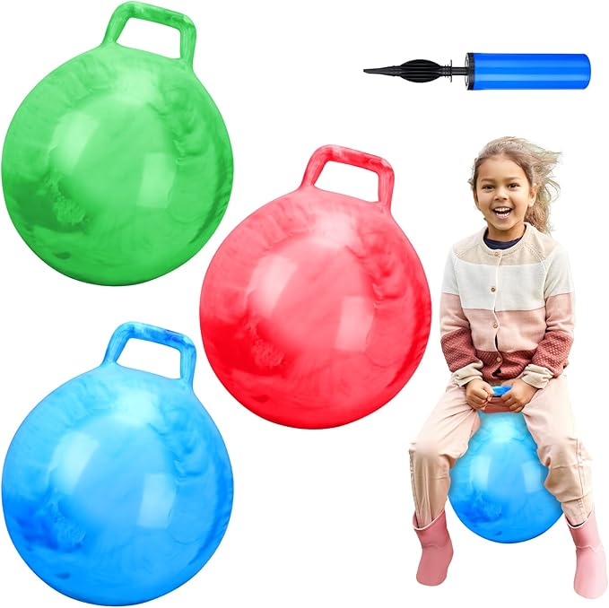 Poen 3 Pcs 18 Inch Hopper Inflatable Bouncy Ball with Handle Hippity Hop PVC Jumping Hopping Ball with 1 Air Pump for Kids Toddler Boys Girls Gifts Games(Red Blue Green)