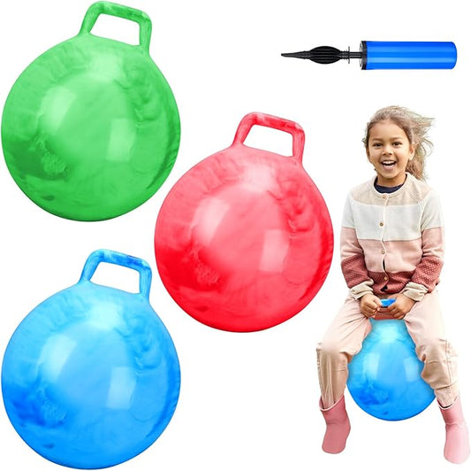 Poen 3 Pcs 18 Inch Hopper Inflatable Bouncy Ball with Handle Hippity Hop PVC Jumping Hopping Ball with 1 Air Pump for Kids Toddler Boys Girls Gifts Games(Red Blue Green)