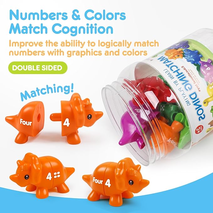 USATDD Numbers Matching Dinosaur Toy 1-10 Counting Sorting Game Double-Sided Dino Fine Motor Toys Number Recognition Learning Toy, Stocking Stuffers for for Kids Boys Girls