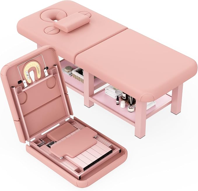 Extra Large 34''×80'' Folding Stationary Massage Table with Adjustable Backrest, Heavy-Duty Metal Frame PU Leather Treatment Bed for Spa, Physical Therapy, Tattoo, Facial & Medical Exam - Pink