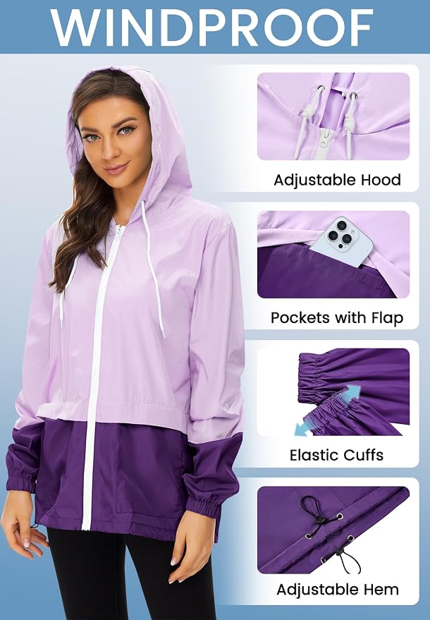 Zando Lightweight Rain Jacket Women Packable Waterproof Raincoat with Hood | Windbreaker Jacket Women, Light Raincoats for Drizzle, Rain Coats for Travel, Hiking and Commute