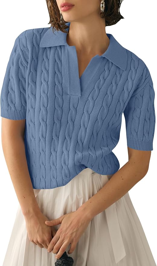 Micoson Womens Short Sleeve Sweater Tops Lapel V Neck Polo Shirts 2026 | Summer Cable Knit Loose Blouses, Business Casual Outfits
